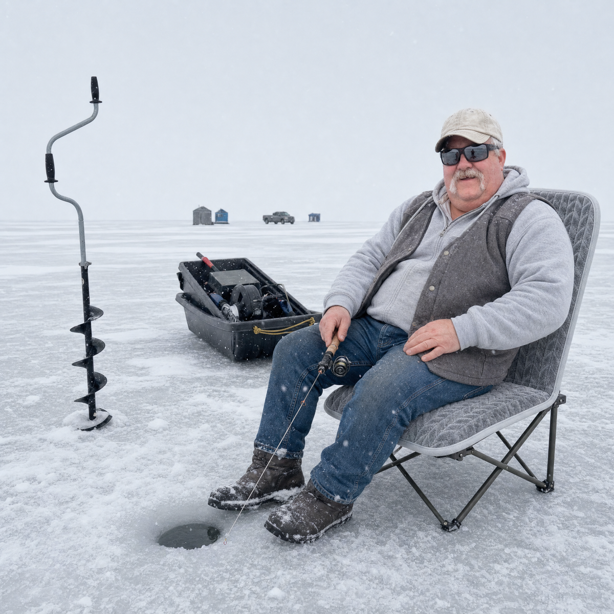 Angler ice fishing warm on the WarmCast heated seat pad